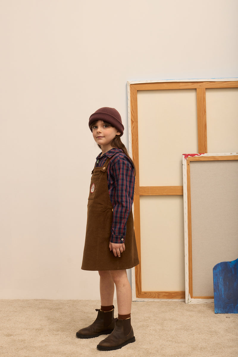 Pom pom dog corduroy dungaree dress
